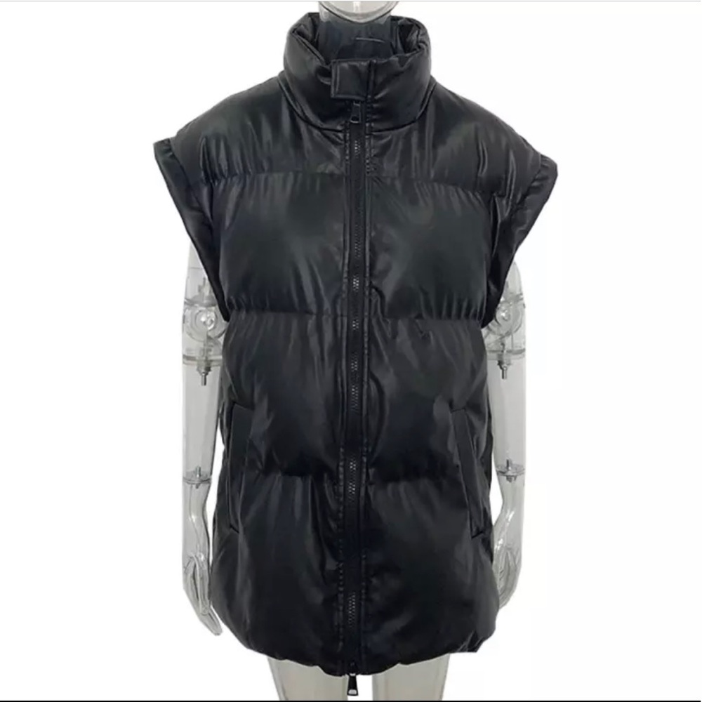 Kimberly Puffer Vest Quilted Cap Sleeve Collar Faux Leather Long Vest Restocking - Picture 3 of 11